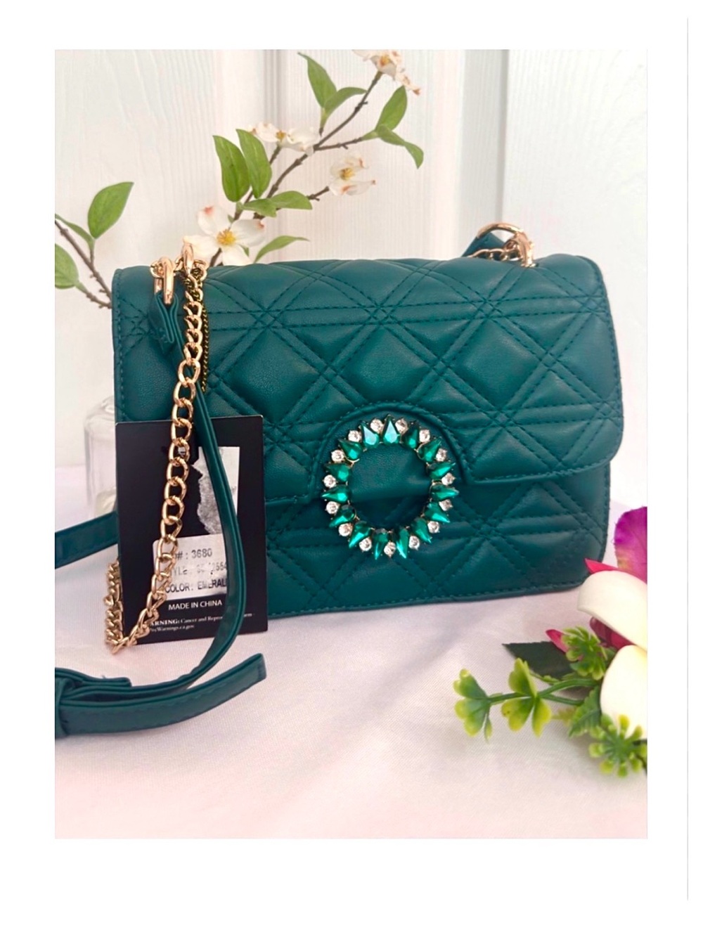 IMOSHION ~ Green Quilted Crossbody Bag with Gold Chain and Rhinestone Accents